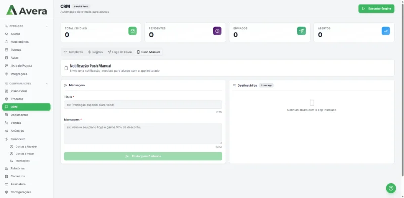 Tela do módulo CRM e comunicação da Avera