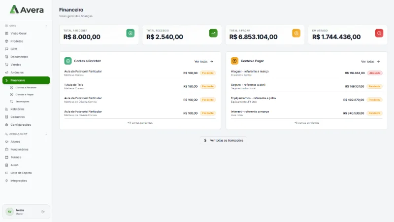 Tela do módulo Financeiro da Avera